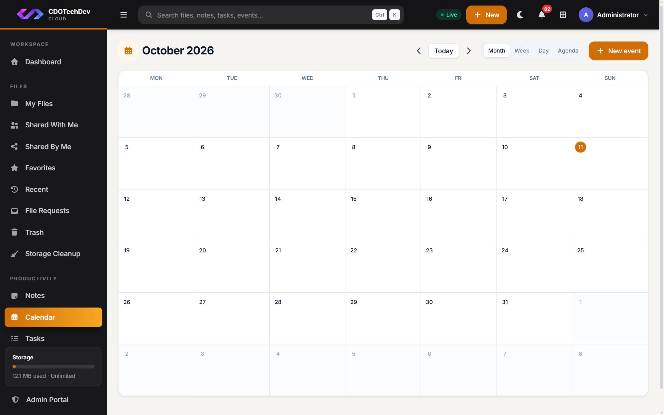CDOTechDev Cloud calendar in month view with Month, Week, Day and Agenda views.