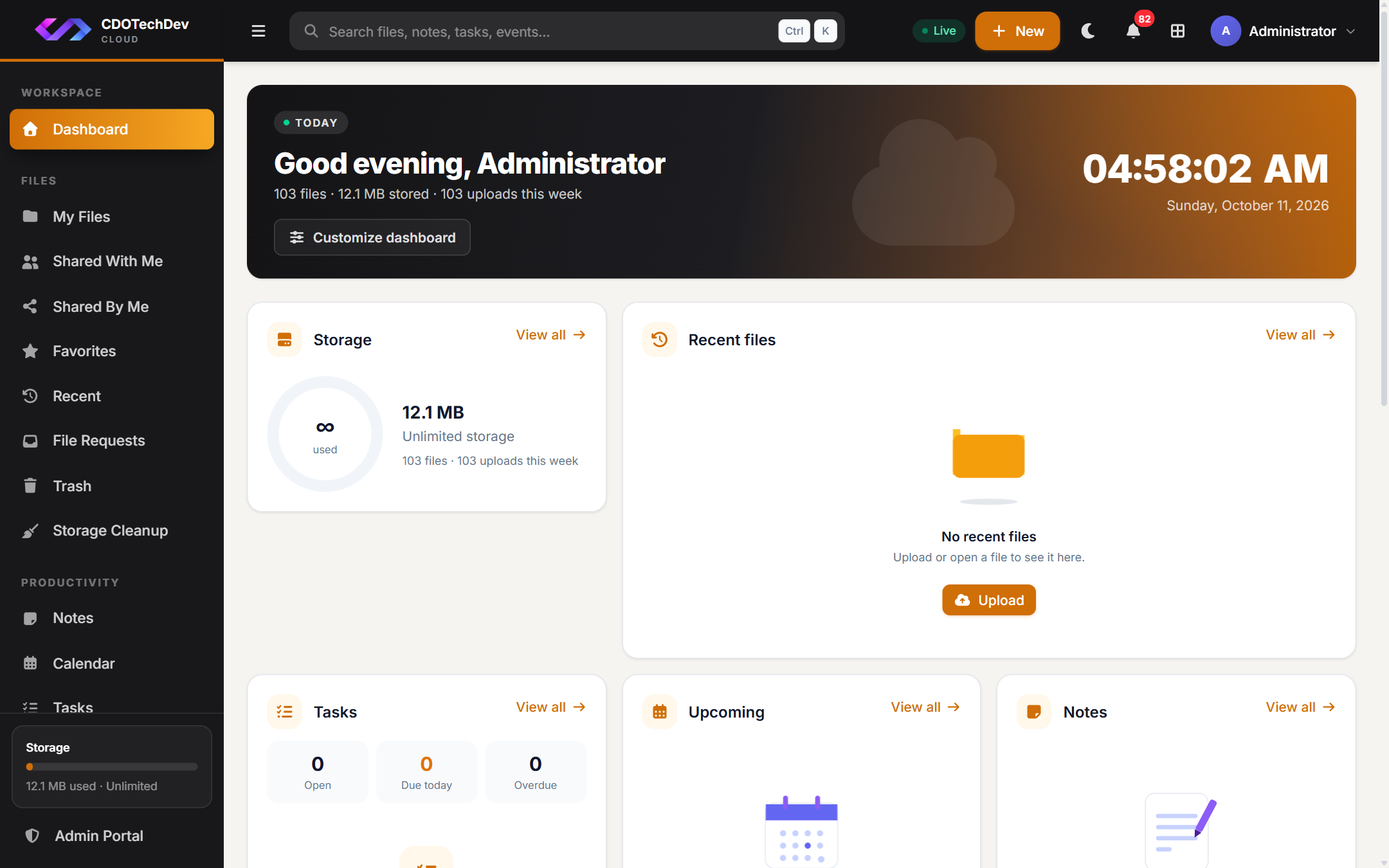 CDOTechDev Cloud dashboard: welcome banner with the time, storage use, recent files, tasks, upcoming events and notes.